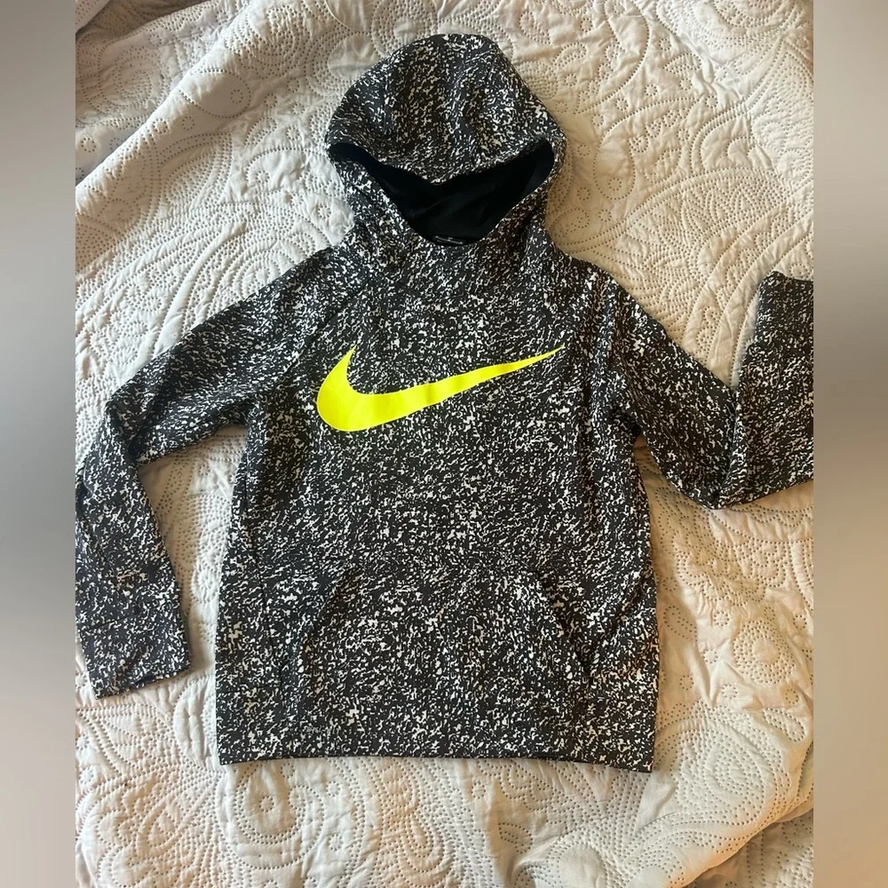 Nike Dri-fit M pullover/composition book print. Neon swoosh/SWOOSH word on back